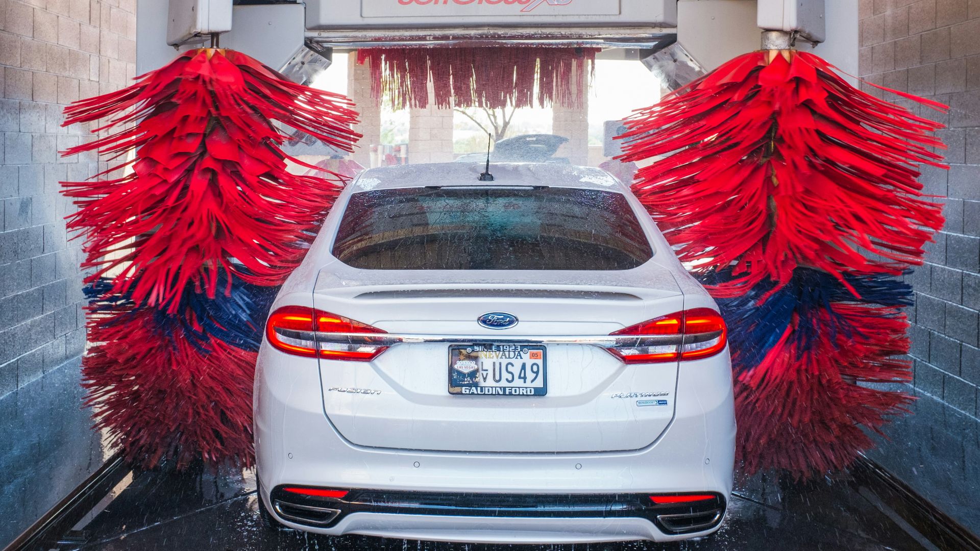white Ford vehicle on car wash shop