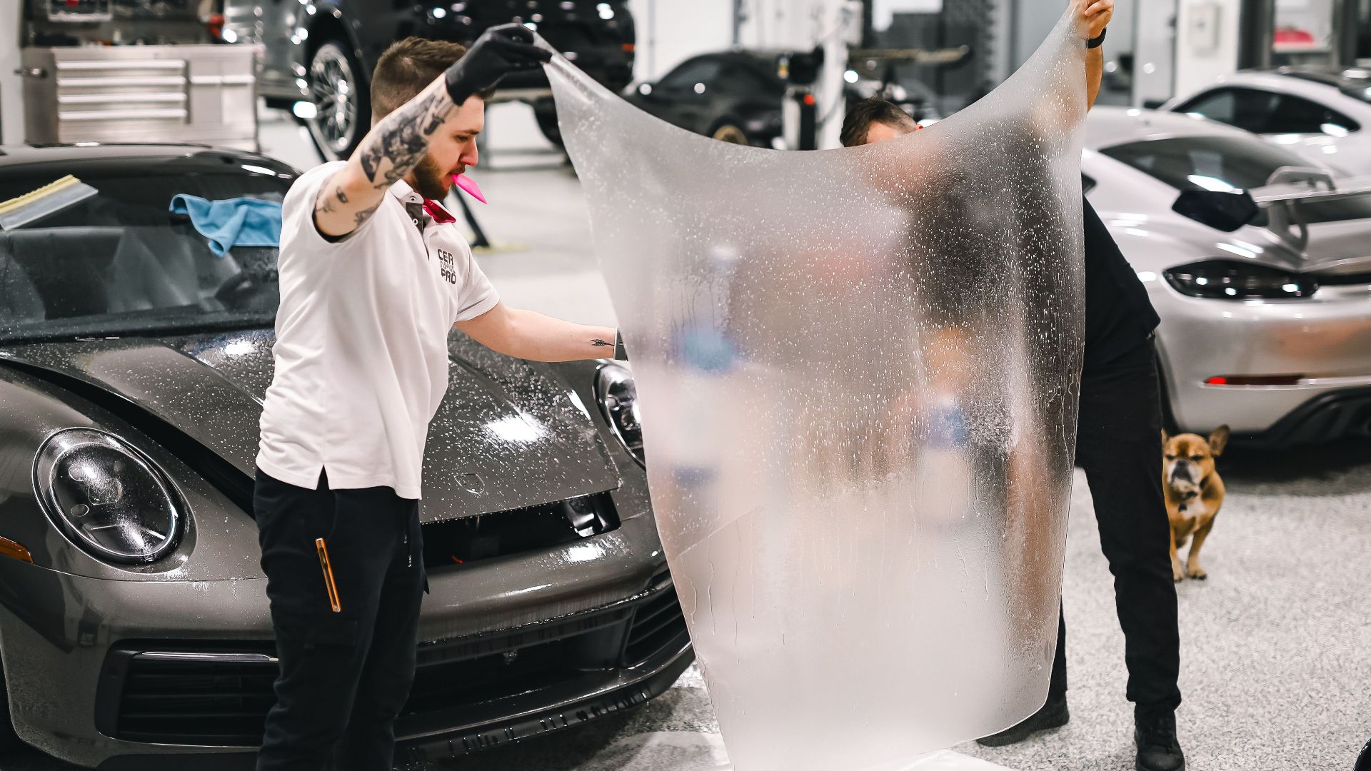 Two professionals applying protective film to a luxury car in a modern garage.
