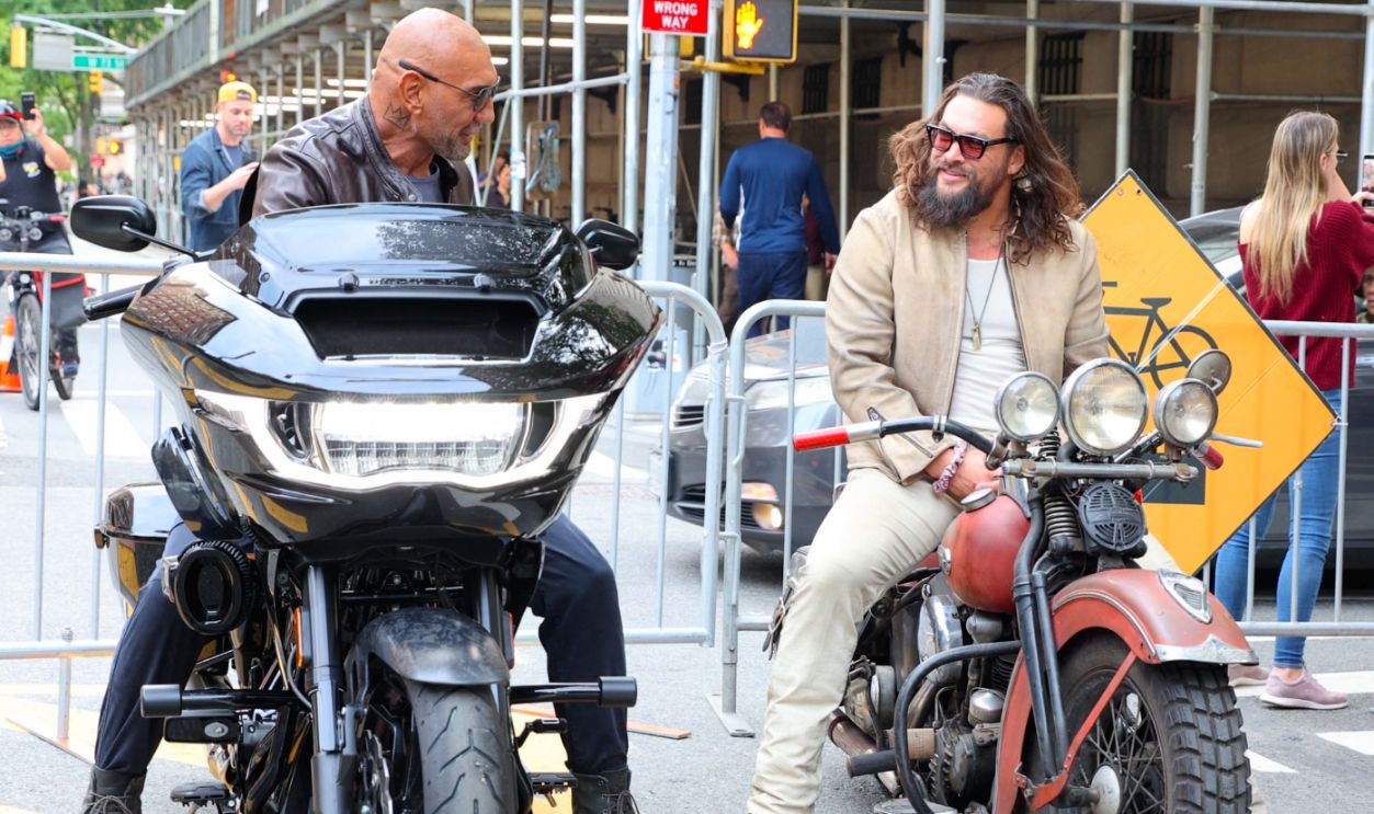 Dave Bautista and Jason Momoa are seen on motorcycles arriving to the Amazon Upfront 2025 in Uptown, Manhattan on May 12, 2025 in New York City. 