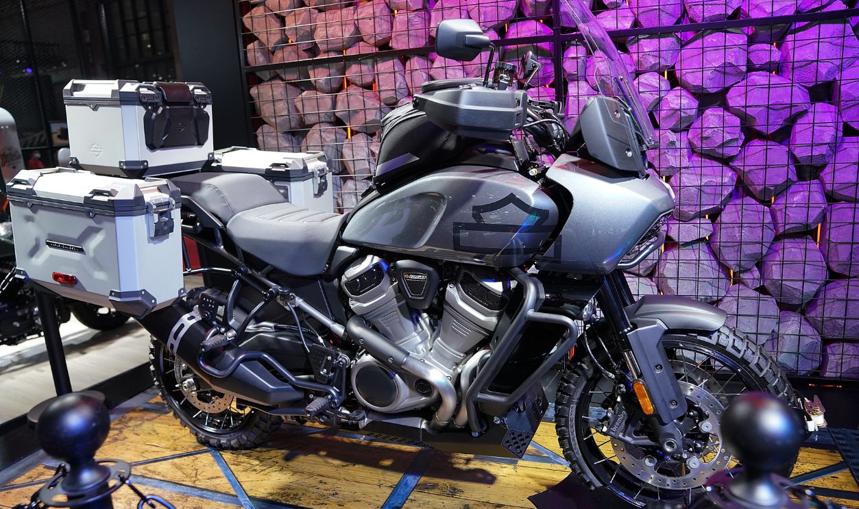  A Harley-Davidson Pan America 1250 motorcycle is displayed during the 19th Shanghai International Automobile Industry Exhibition, also known as Auto Shanghai 2021, at National Exhibition and Convention Center (Shanghai) on April 20, 2021 in Shanghai, China.