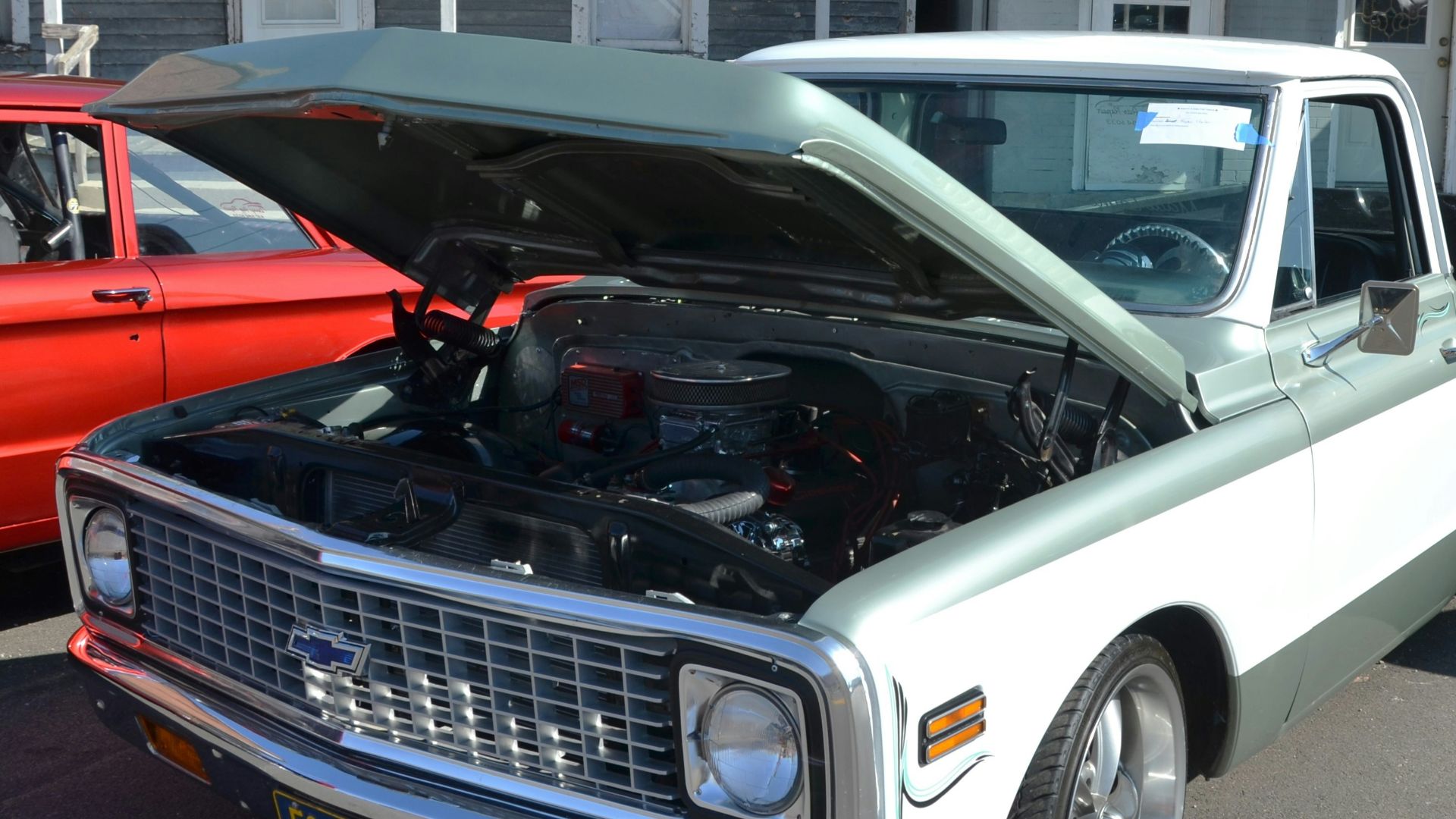 Classic pickup truck with hood open