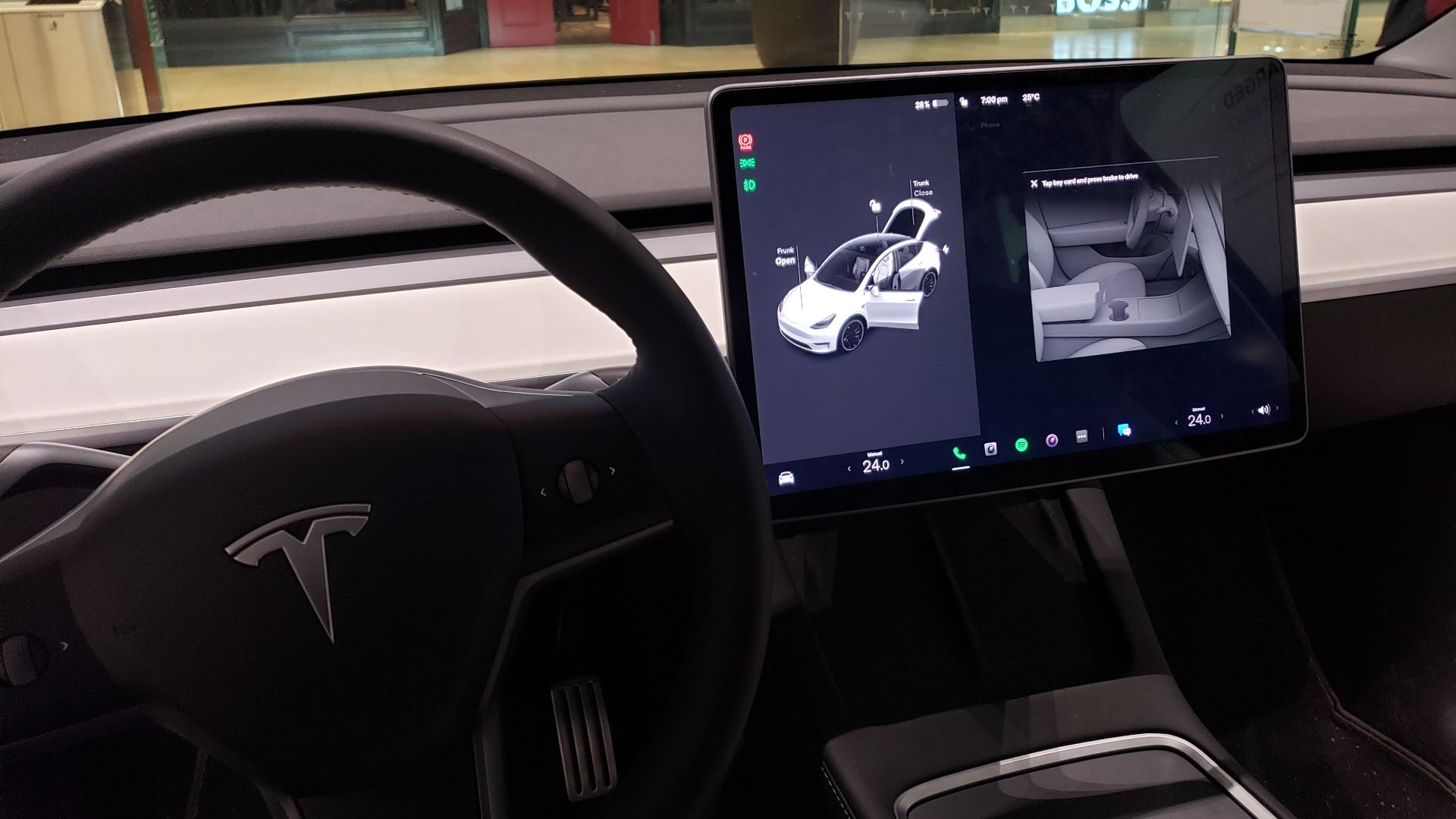 The inside of a Tesla Model 3, the company's compact vehicle.