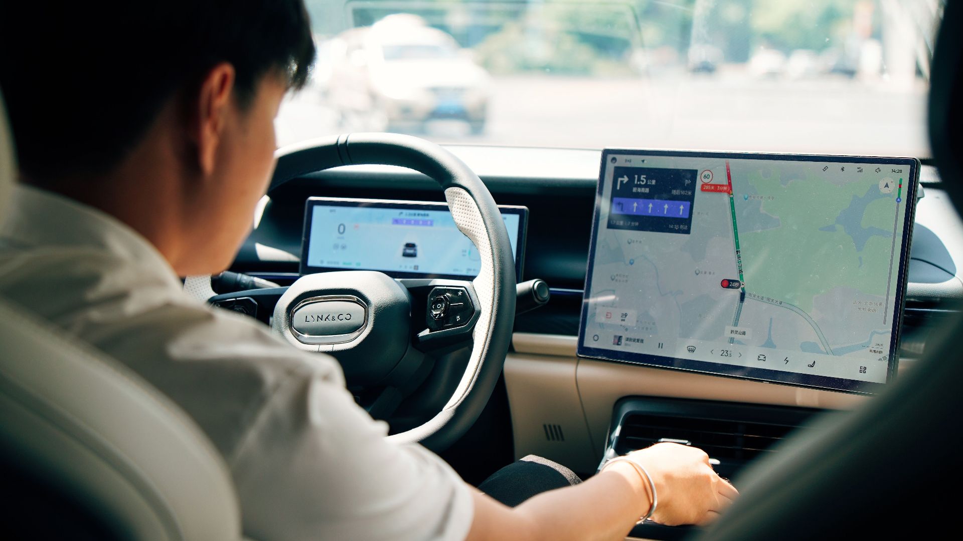 Driver using GPS in a modern car interior. Emphasis on technology and travel.