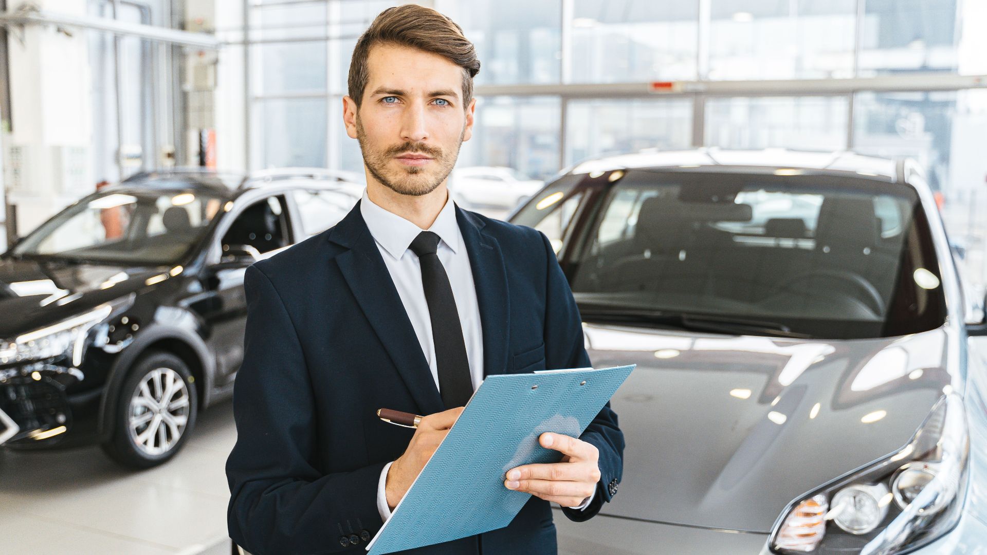 A confident car salesman in a showroom, holding a clipboard and pen.