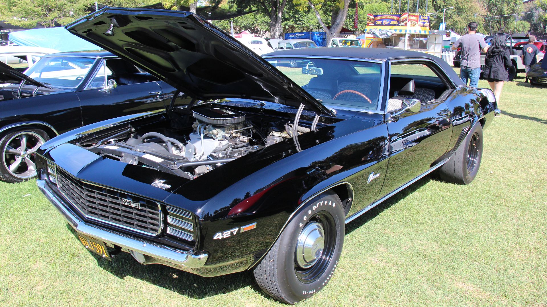 Tuxedo Black.
In 1969, the Camaro got all new sheet metal, except the hood and trunk lid, but the drivetrain stayed much the same, the grille got a distinctive V shape and the headlights were inset. It looked lower, wider and more aggressive.
Available i