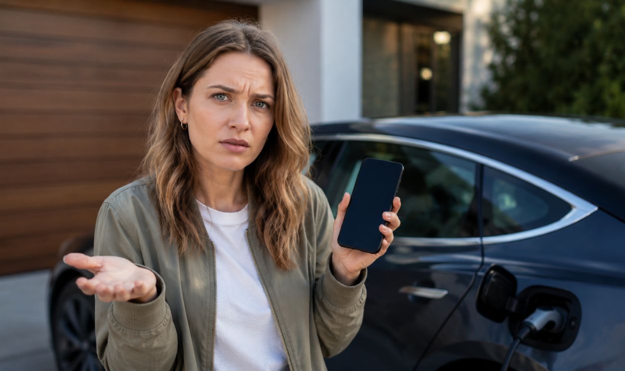 Confused Woman Beside Charging Car