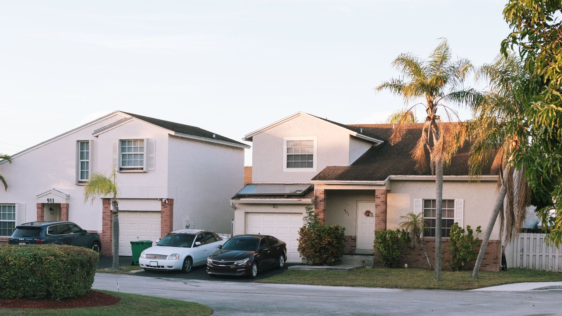Charming suburban street with modern houses and palm trees at sunset, serene environment.