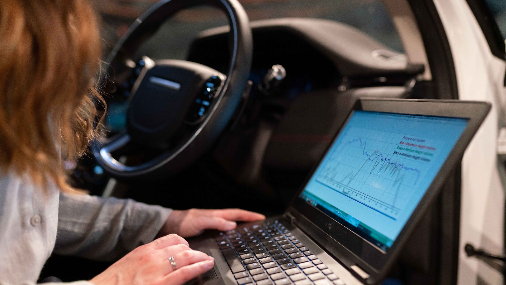 Female engineer using laptop to analyze vehicle data inside a car for testing purposes.