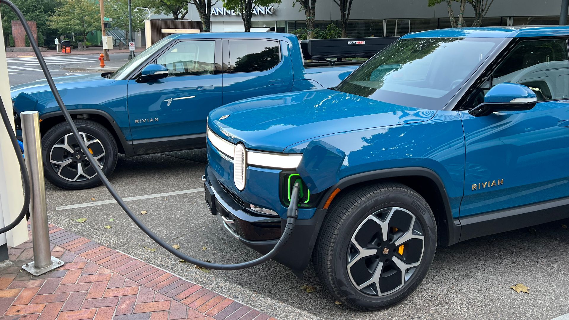 We parked our Rivian at a charger, and an identical configuration rolled up right next to it!