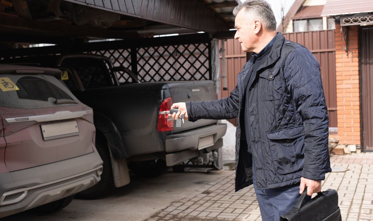 A man holding a car key and a briefcase stands near two cars parked under a canopy. The scene portrays a concept of transportation, security, and daily routine