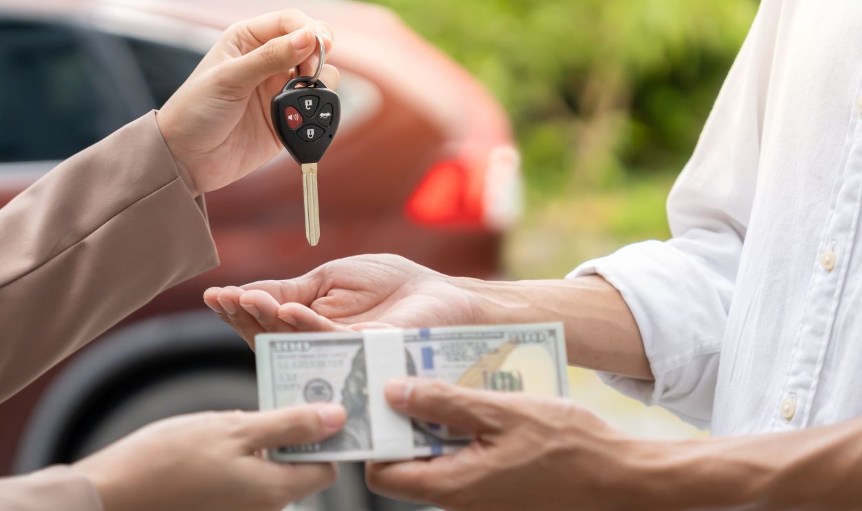 lease, rental and selling car. Car agent sent key for new owner. Customer pass on money for buy. rent car, Sales, loan credit financial, insurance, Seller, dealer, installment, Used car