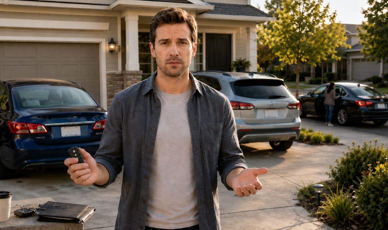 man holding a key fob standing in front of two cars, a woman in background opening another car door