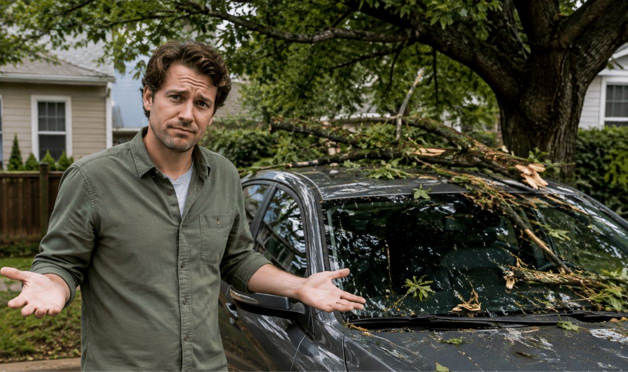 Frustrated Homeowner Surveys Storm-Damaged Car