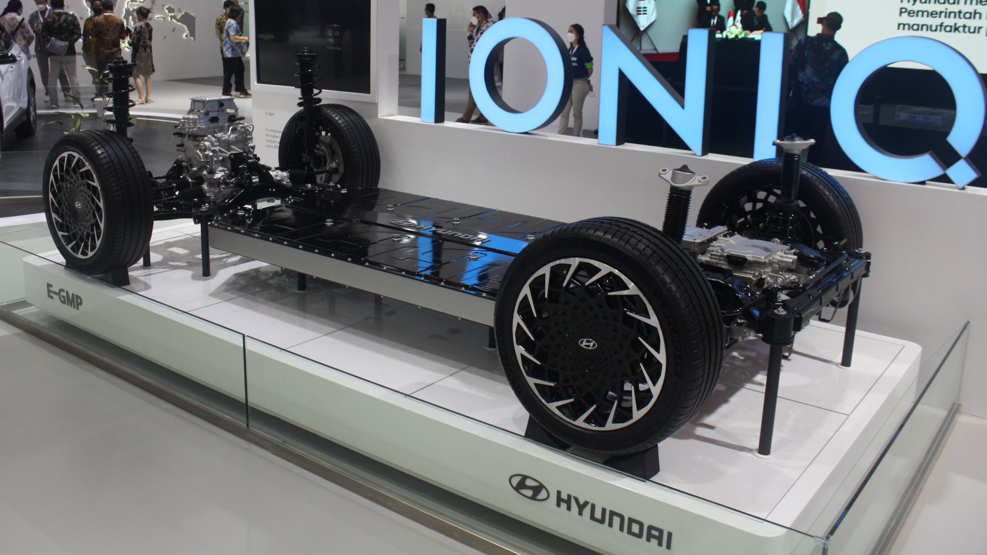 Hyundai Electric Global Modular Platform showcased at the 2021 Gaikindo Indonesia International Auto Show in Tangerang Regency, Banten, Indonesia.