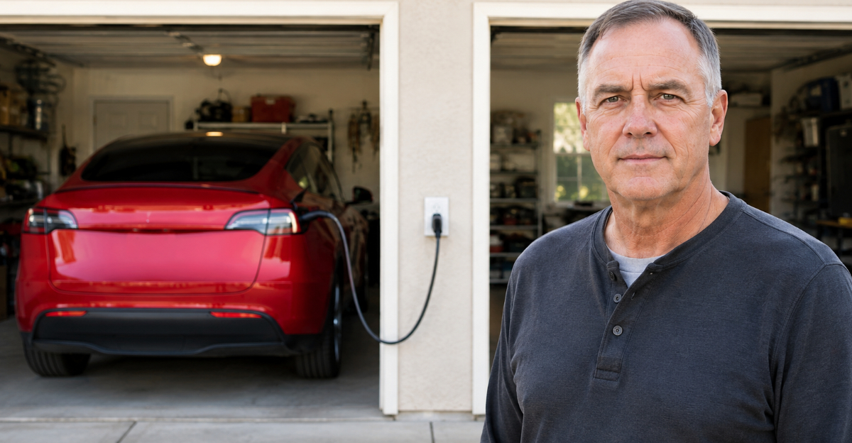 red EV charging in garage, man in foreground looking at camera