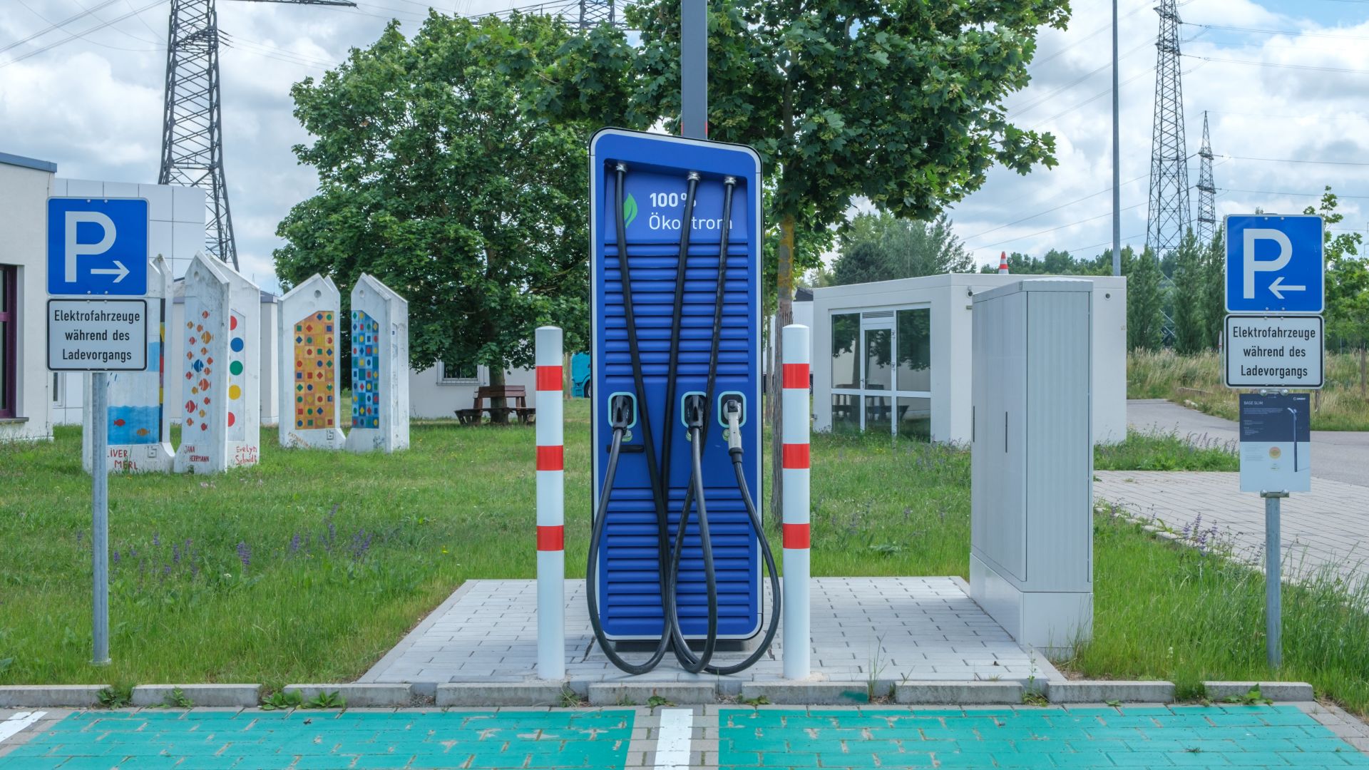 Public charging station with eco-friendly design for electric vehicles.