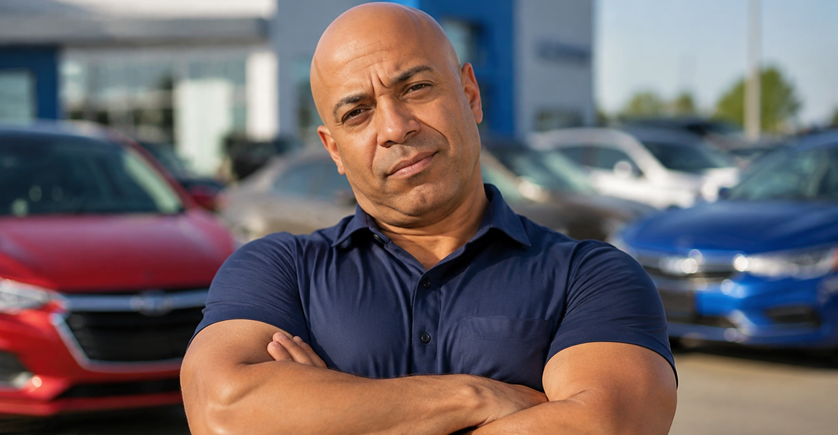 AI-generated image of a man with armed crossed at a car dealership