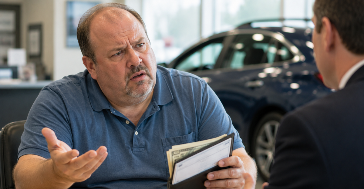 man upset at car dealership