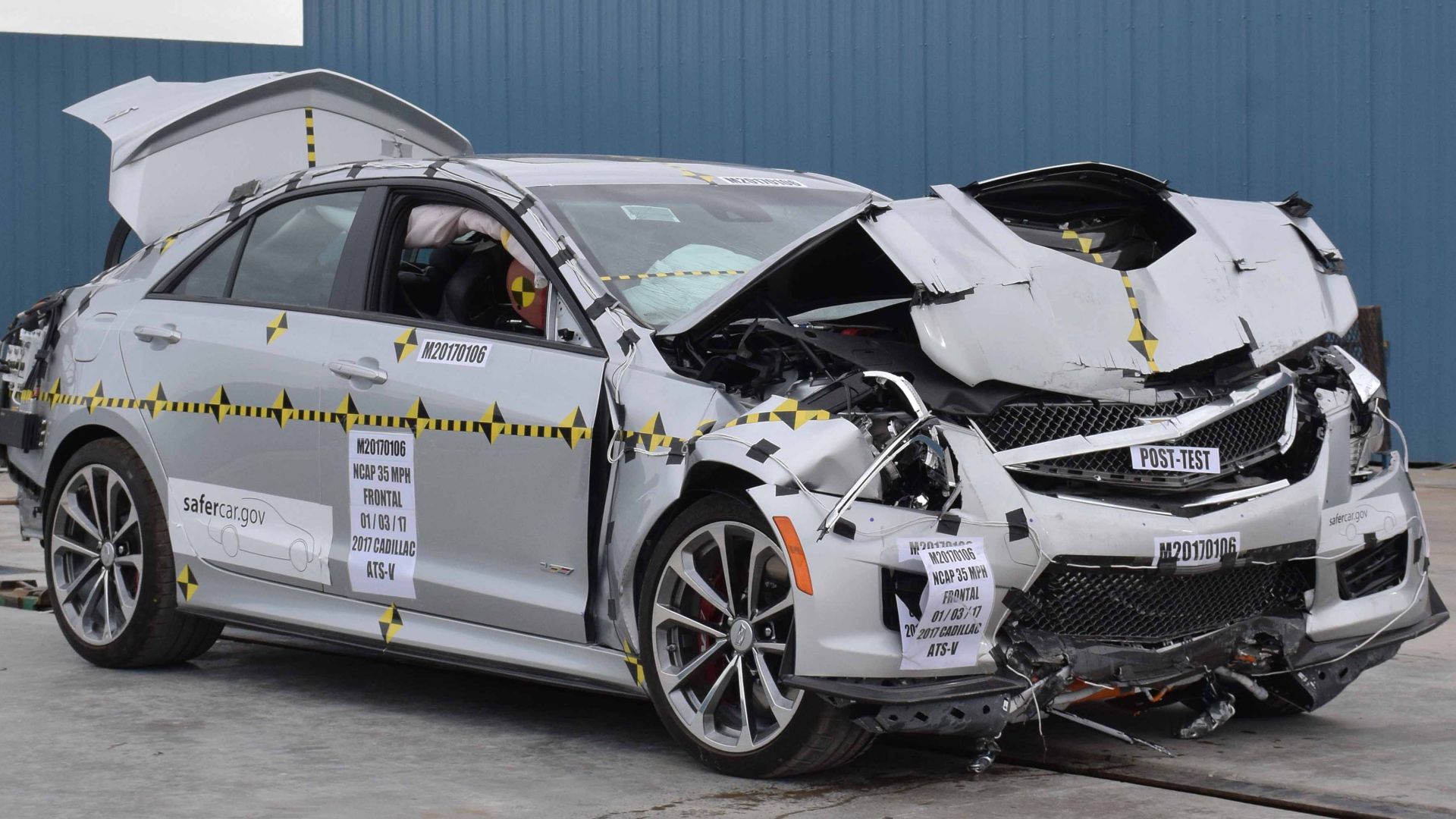 Frontal full-width 35 mph (56 kph) crash test of a 2017 Cadillac ATS-V.