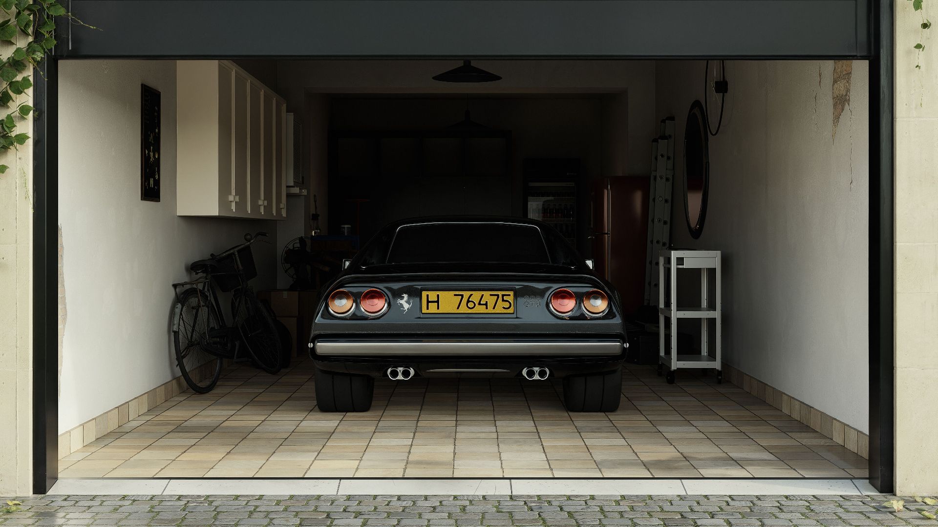 A classic car parked in an ivy-covered garage with a cobblestone driveway, exuding a retro charm.