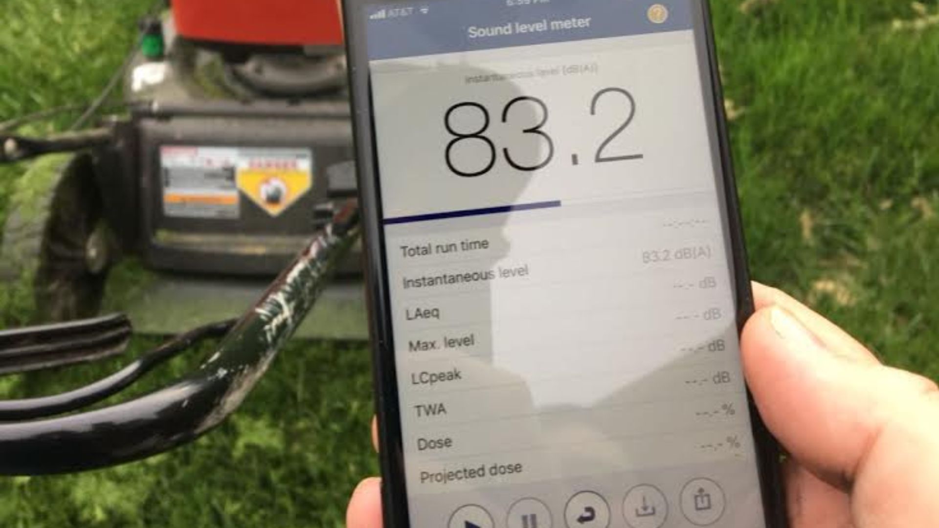Noise level from a lawn mower showing 83 decibels, A-weighted, measured using the NIOSH Sound Level Meter app