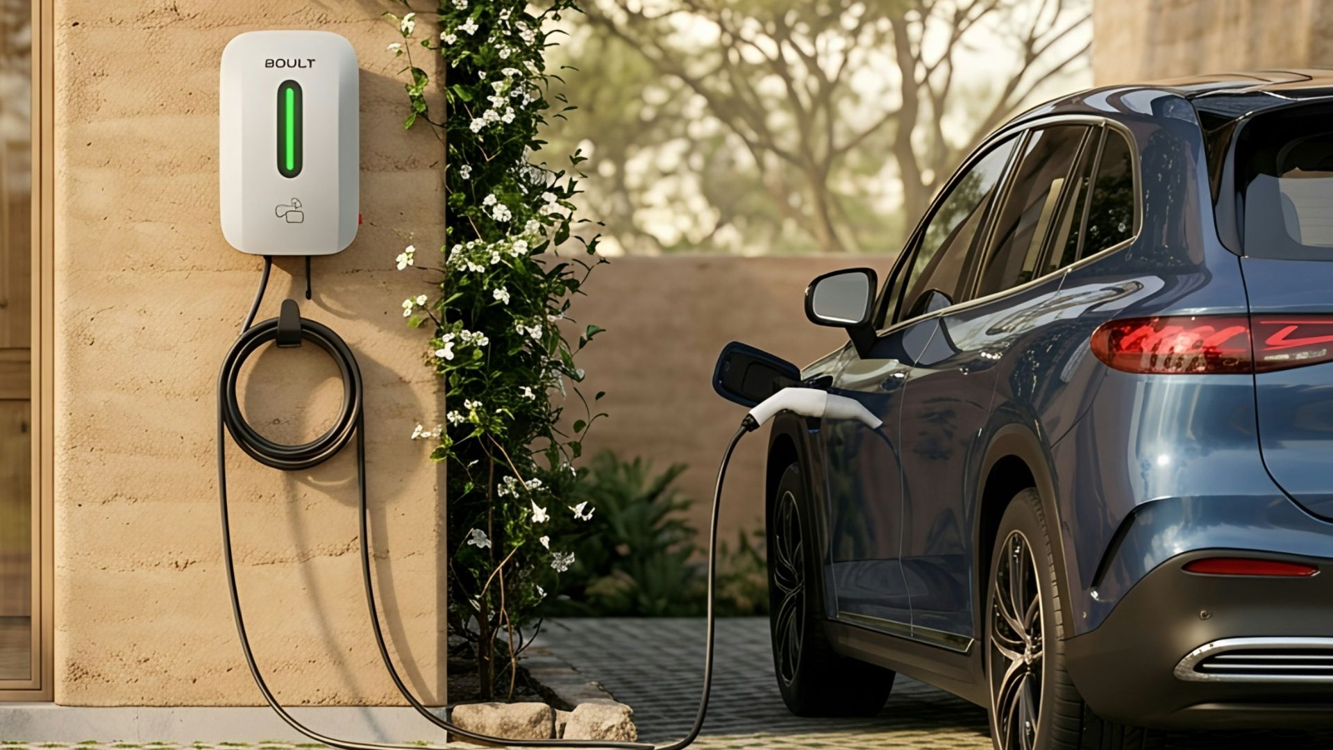 Electric car charging at a modern home with solar panels