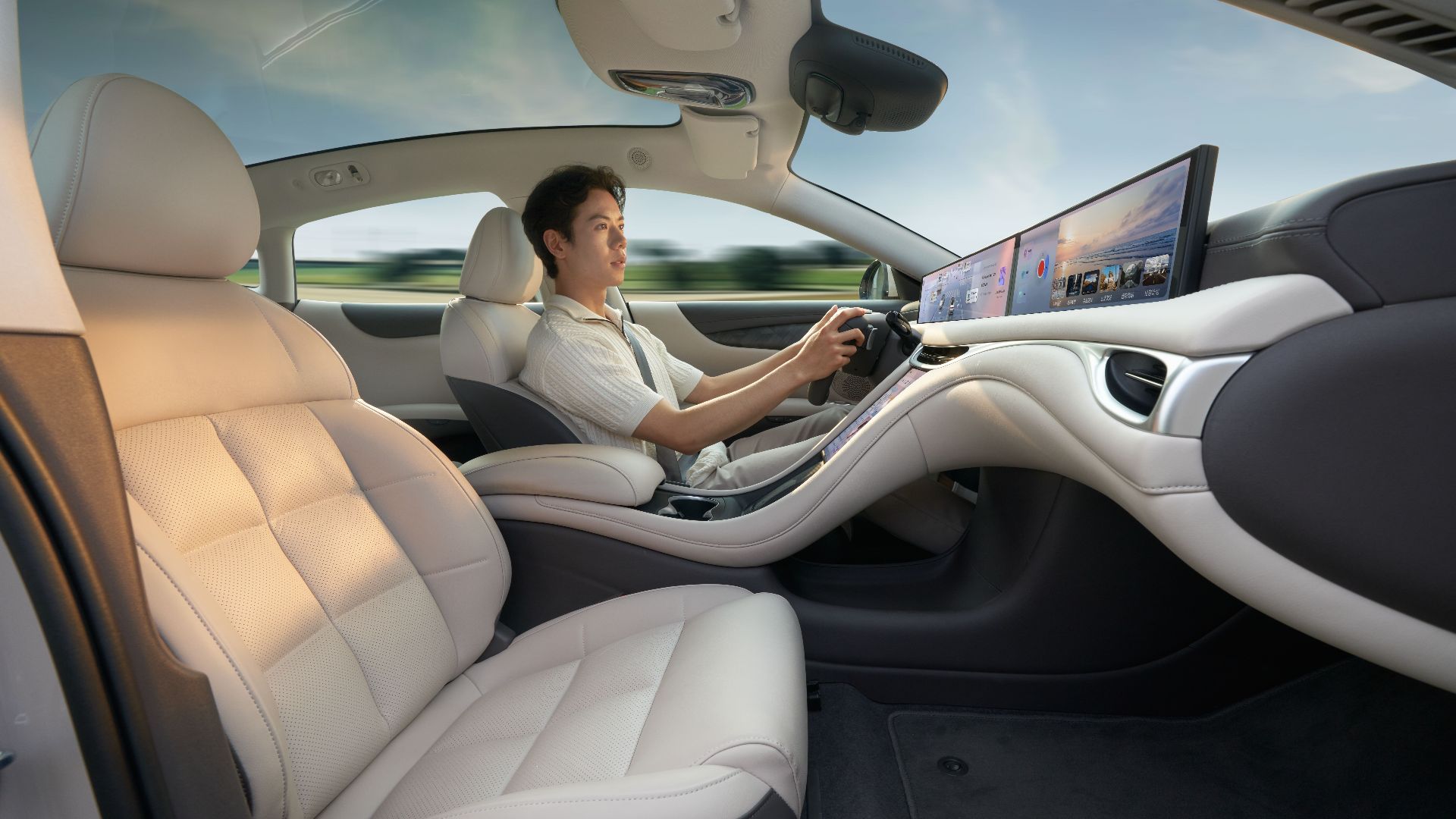 A modern electric car interior showcasing advanced technology with a driver enjoying a smooth ride.