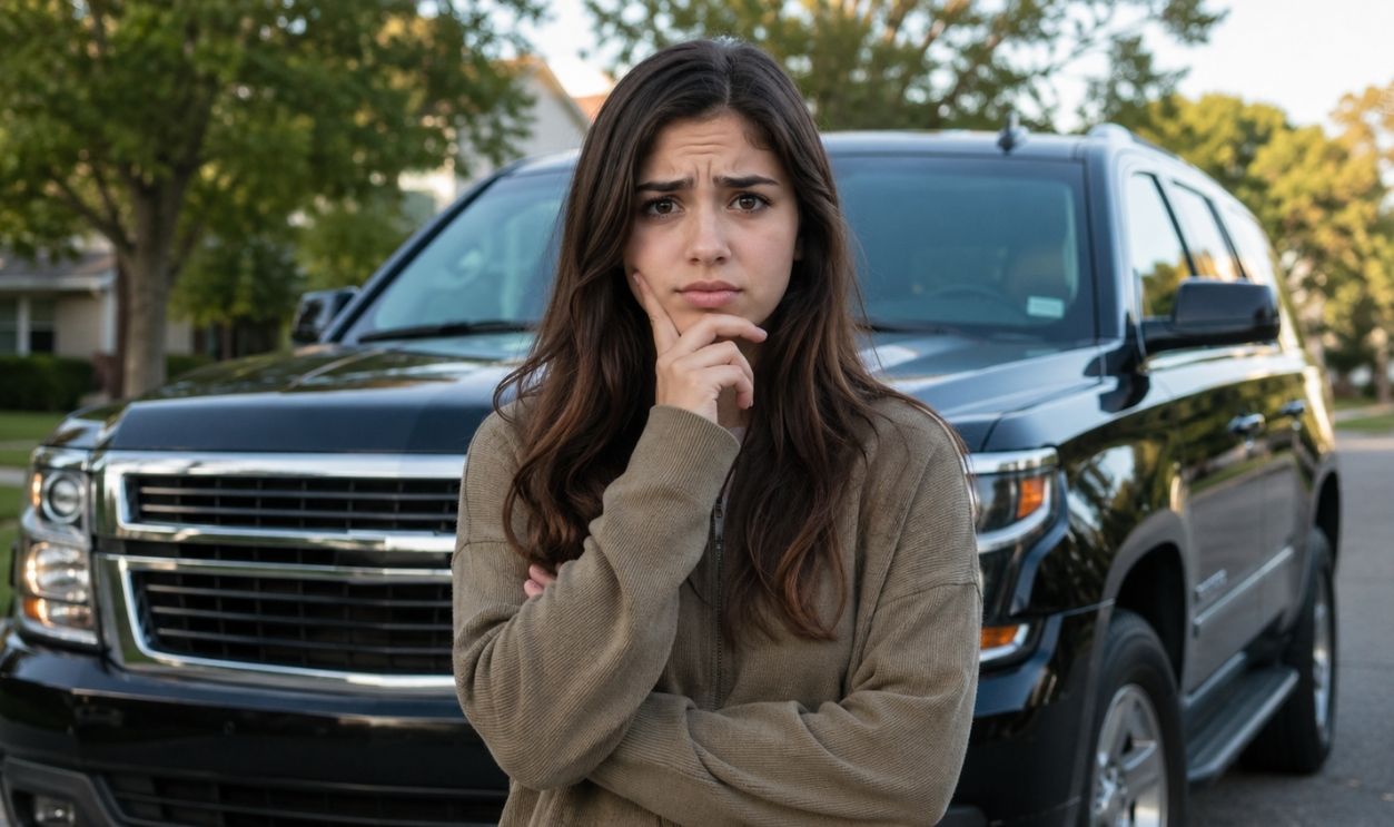 Thoughtful Woman Before Black SUV