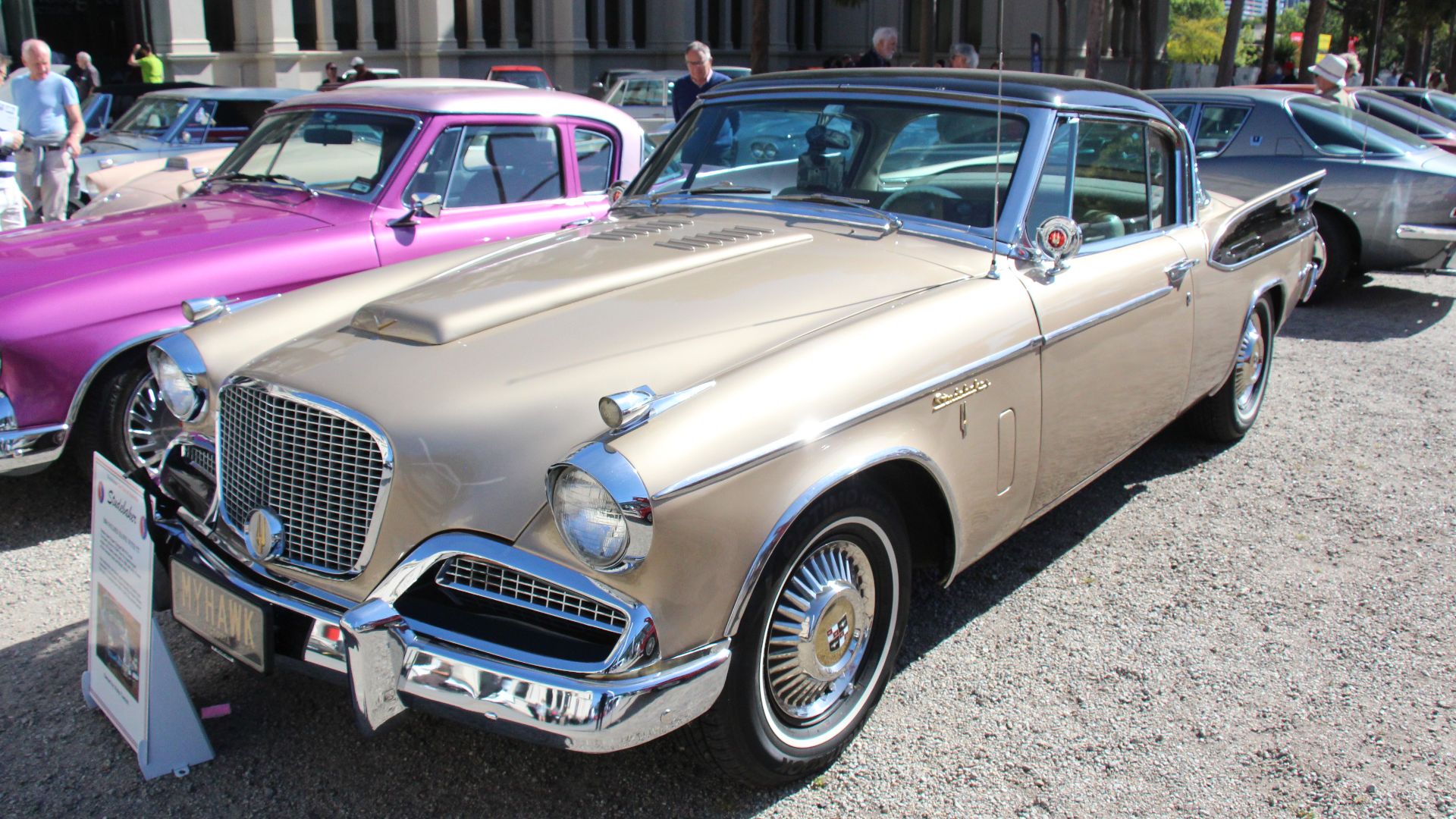 The 1955 Pillared Starlight Coupe and the Commander Hardtop Coupe got a new name in 1956, the Studebaker Hawk.
In 1956, the Pillared Coupes were the 6 cyl Flight Hawk and the V8 Power Hawk. Hardtop Coupes were the 6 cyl Sky Hawk and the V8 Golden Hawk. 
F