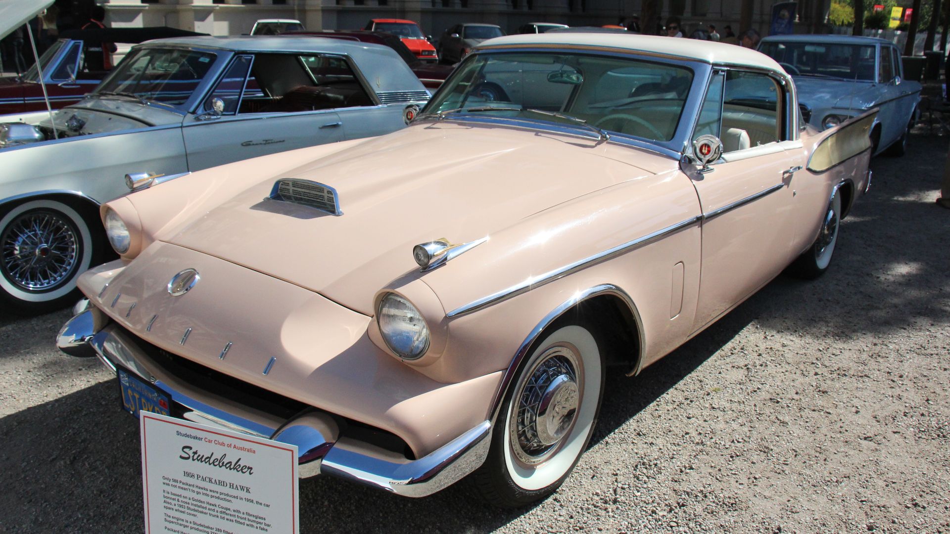 Packard was a luxury car built in America from 1899-1958.
The Packard Hawk was pretty much a Studebaker Golden Hawk with a fibreglass bonnet and nose and a different front bumper bar. Also a 1953 Studebaker trunk lid was fitted with a fake spare wheel cov