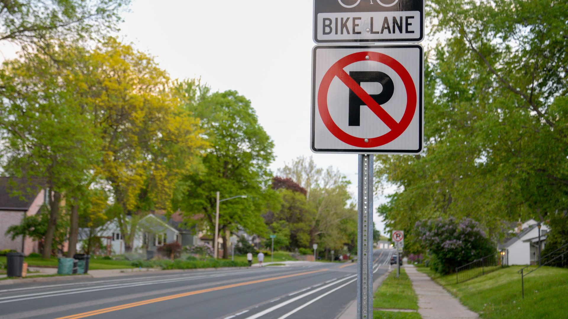Suburban road with a bike lane and no parking sign, bordered by trees.
