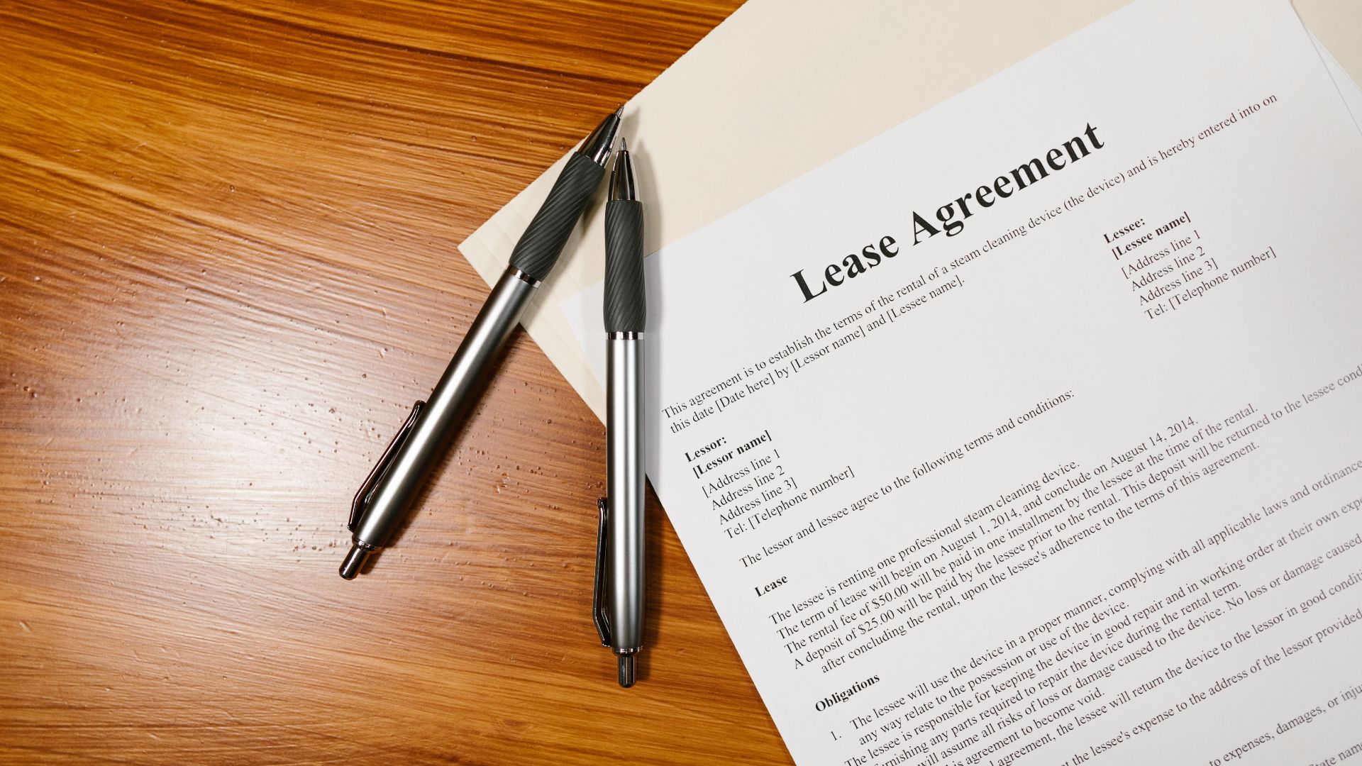 High-angle view of a lease agreement and pens on a wooden desk.