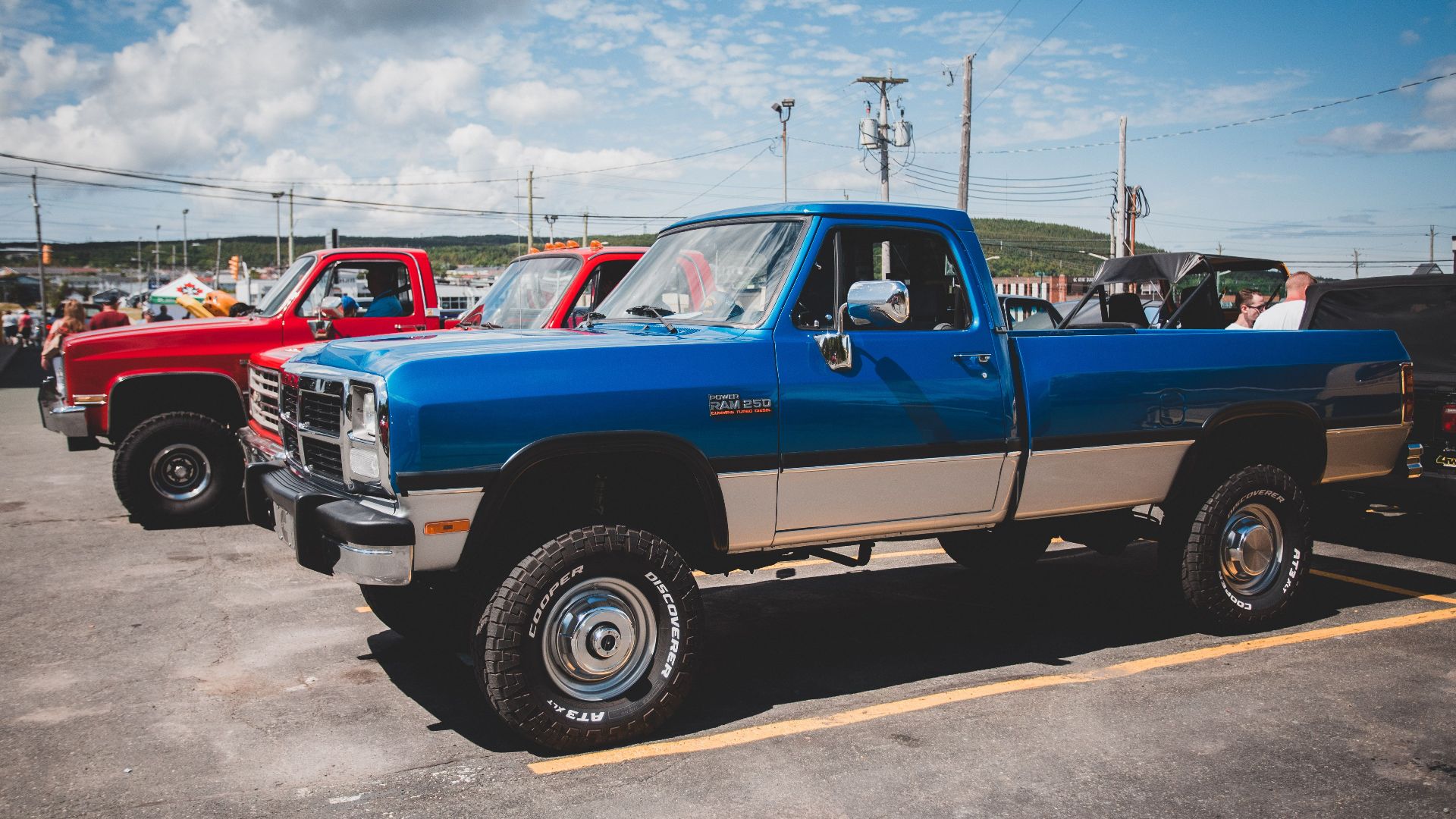 Vintage pickup trucks showcased outdoors on a sunny day.
