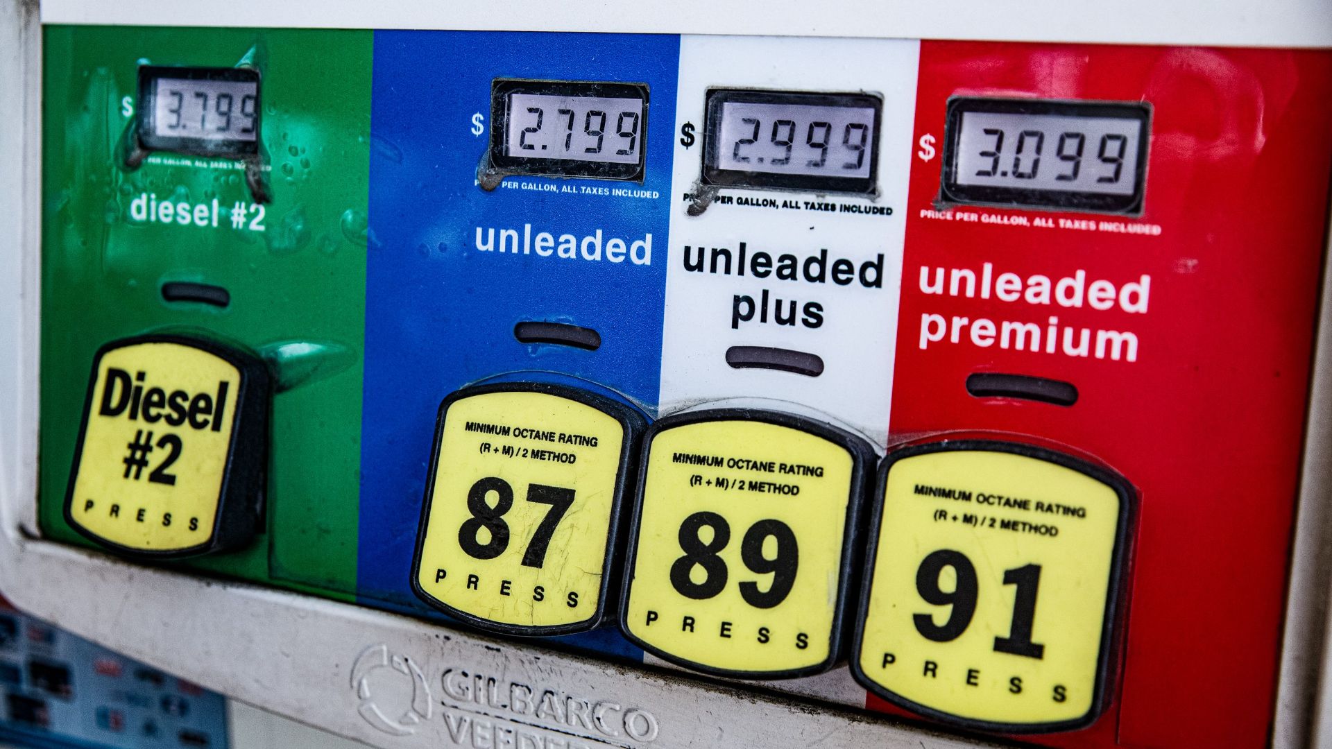 Close-up of a vintage gas pump station showing fuel prices and octane ratings in Los Angeles.
