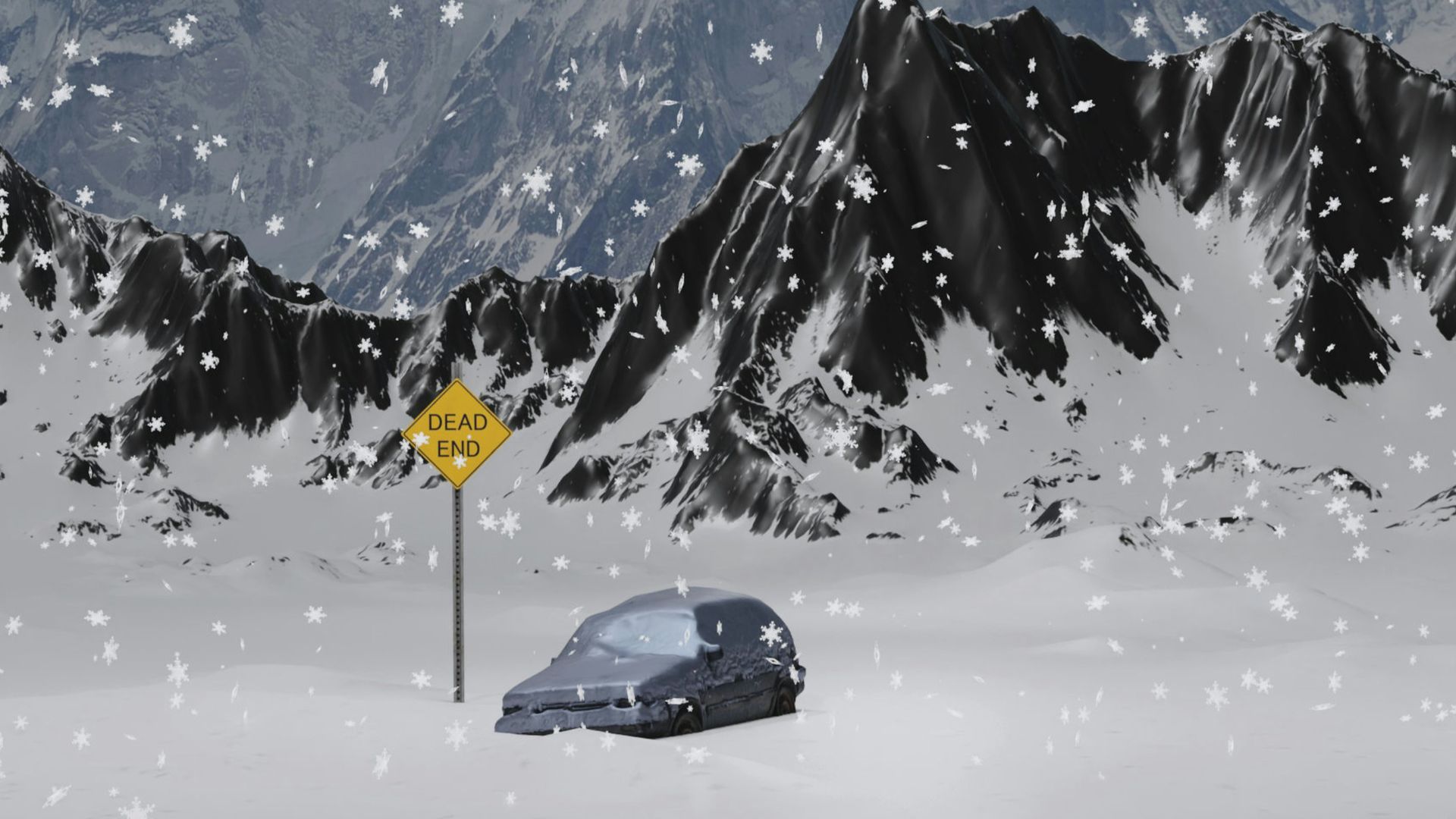 a car parked in the snow next to a snow covered mountain