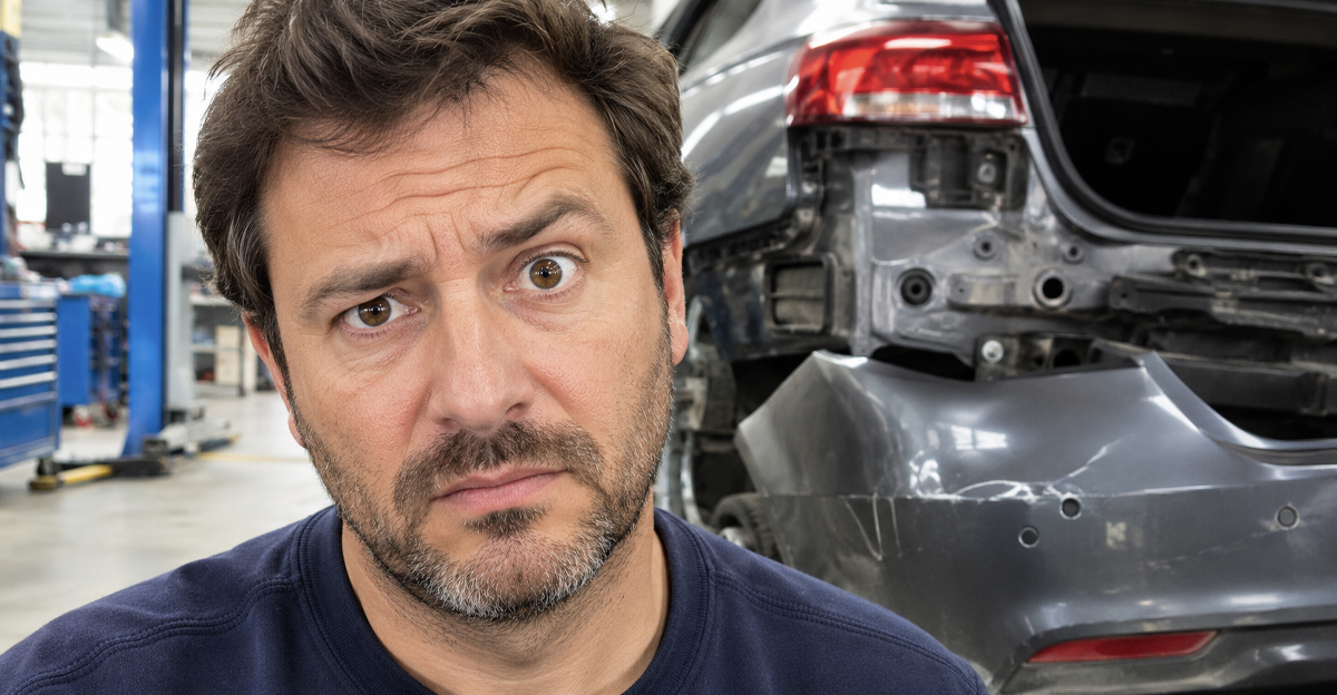 Confused middle-aged man, with a damaged car bumper in the background.