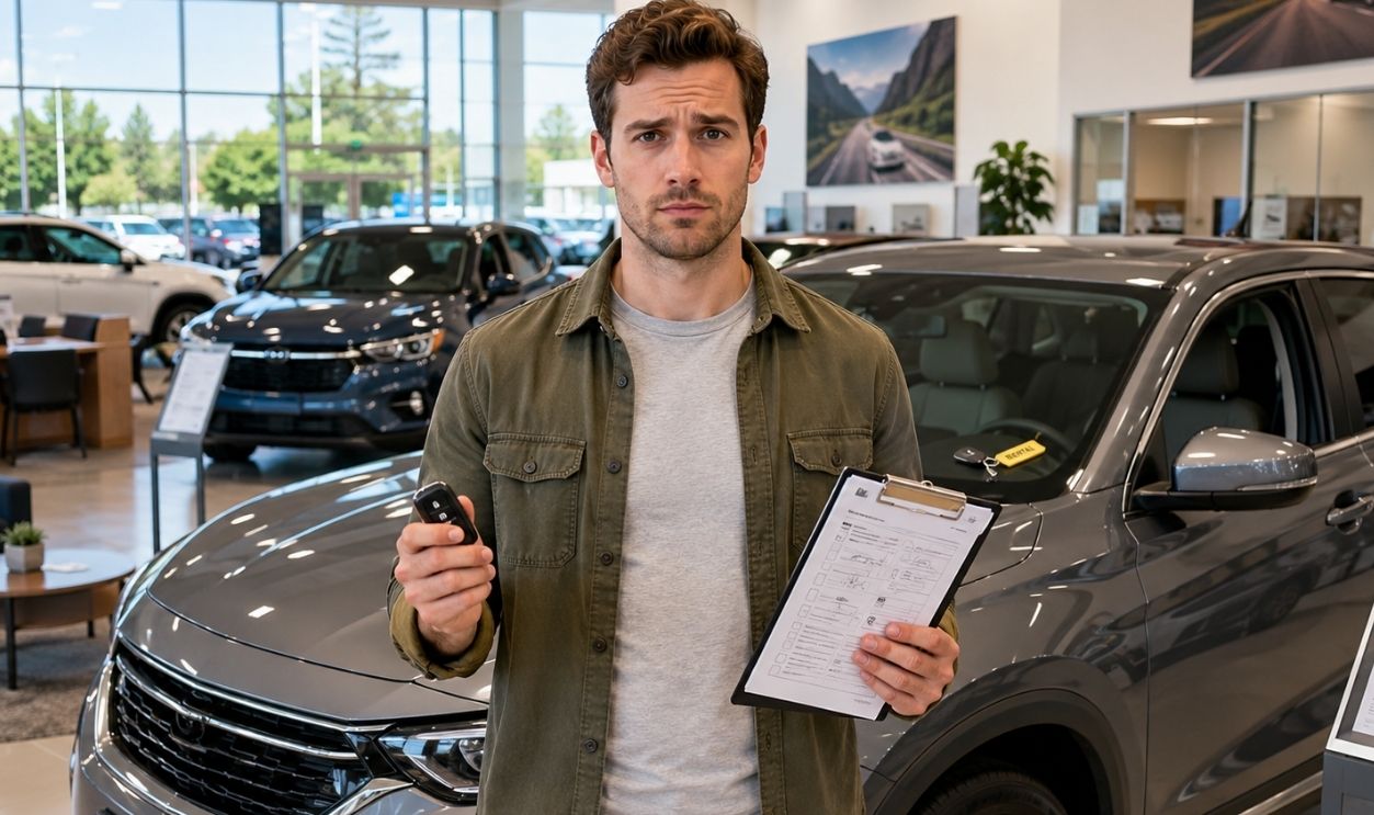 man holding documents and key fob inside a dealership