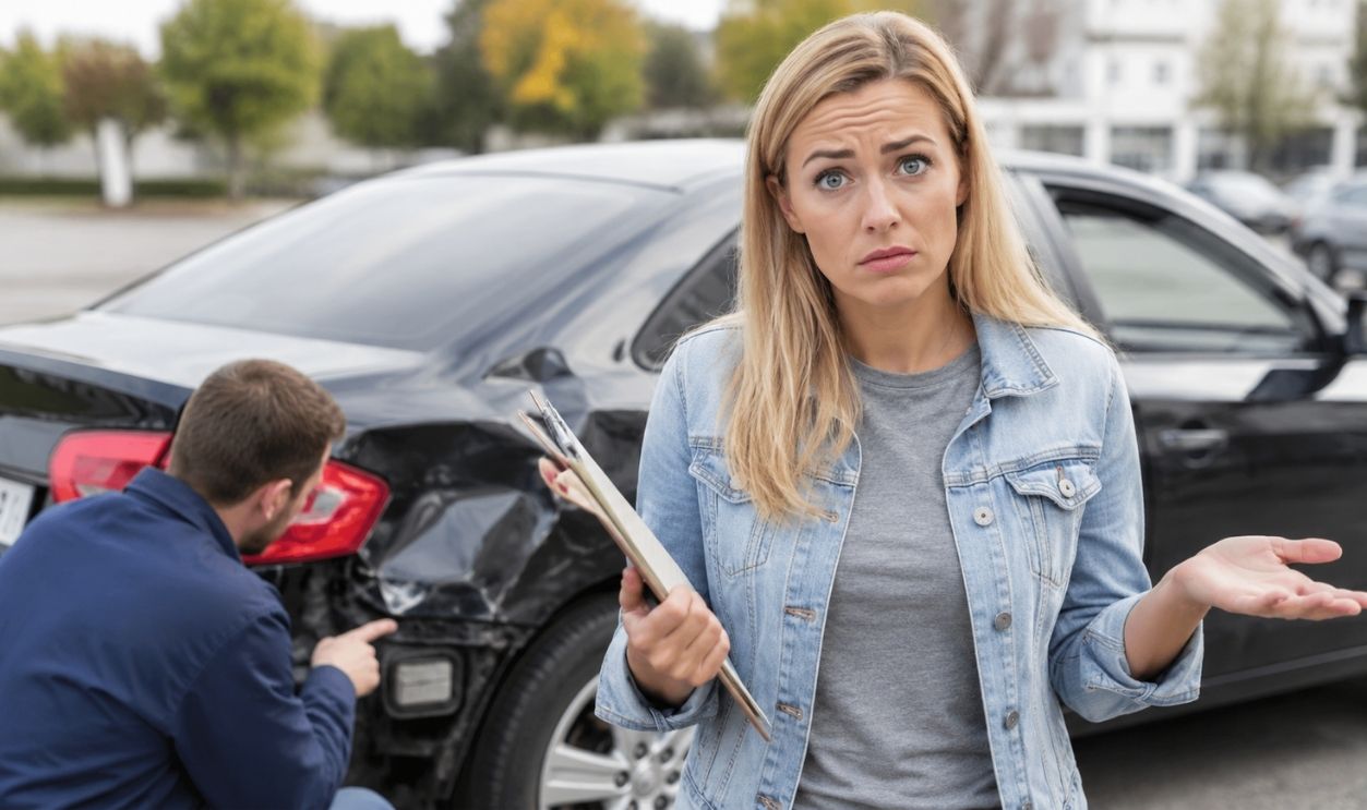 Confused Driver Inspecting Damaged Car