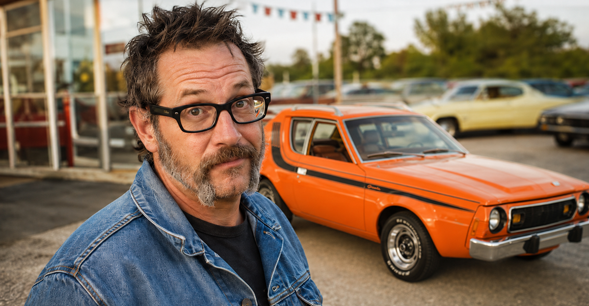 AI-generated image of a man standing next to an orange AMC Gremlin