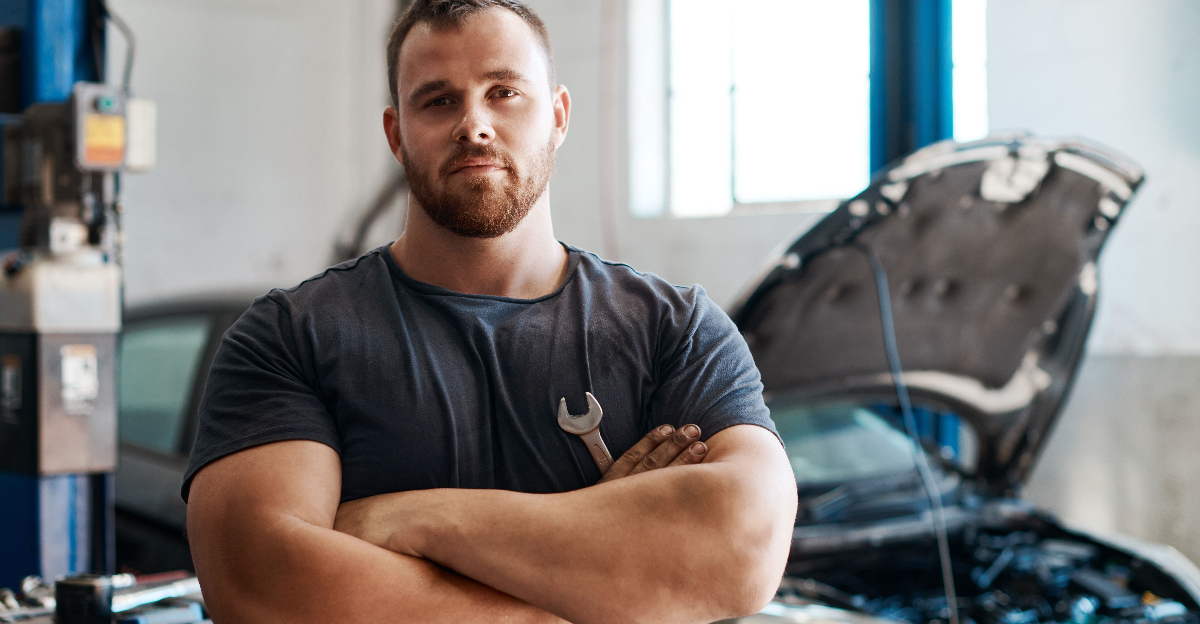 Mechanic in garage arms crossed holding wrench