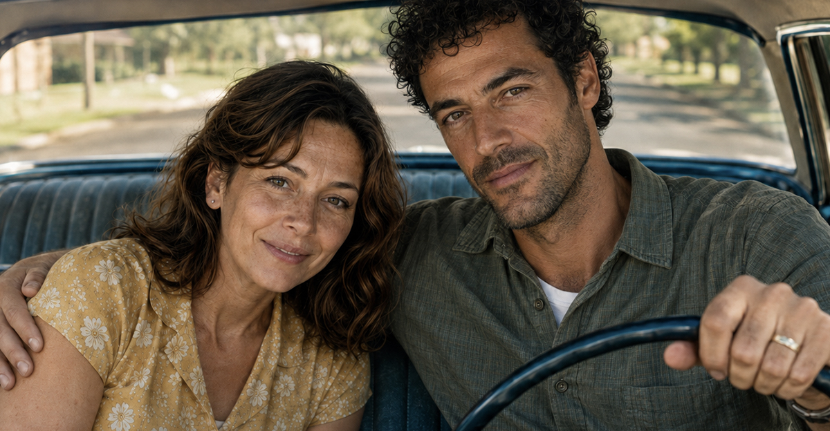 A couple in the front seat of an old car with a bench seat.