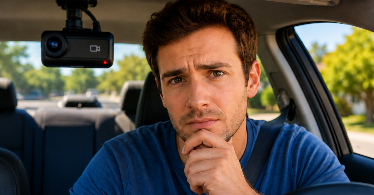 Man in car with dashboard camera.