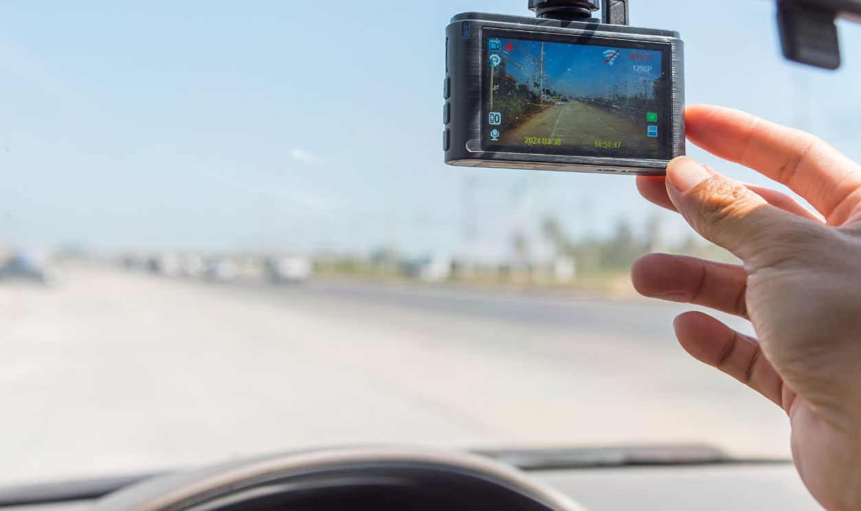 Closeup to dash camera in the car