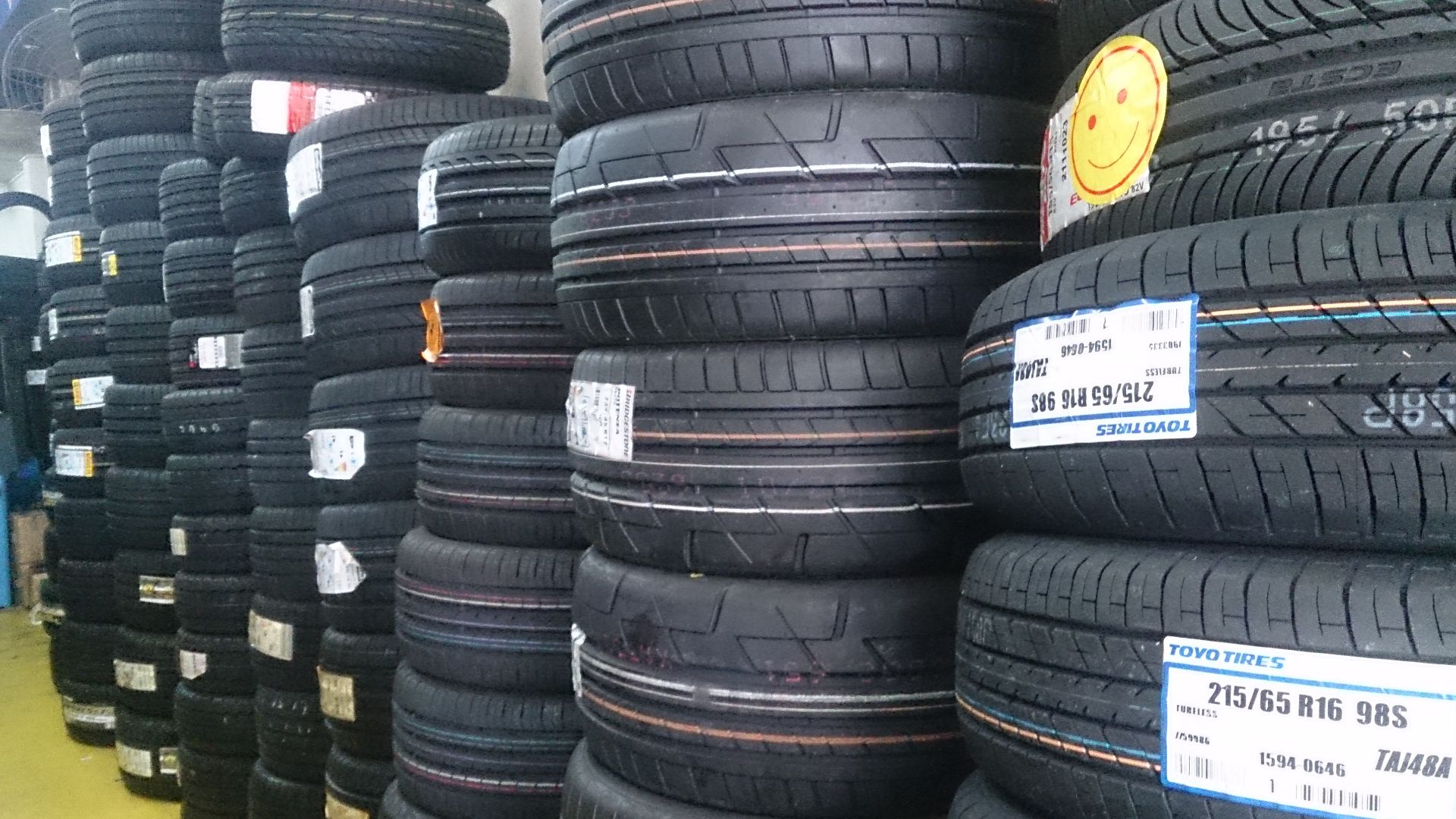 New car tyres in a tyre shop