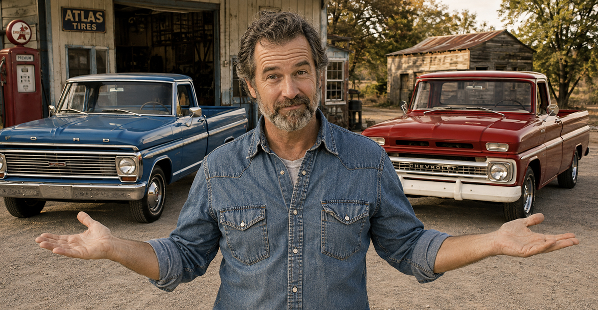 Man comparing classic pickup trucks