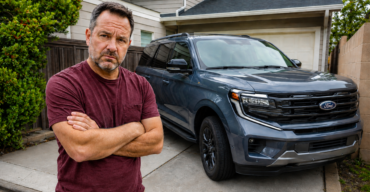 AI-generated image of a man with armed crossed, standing next to a Ford Expedition