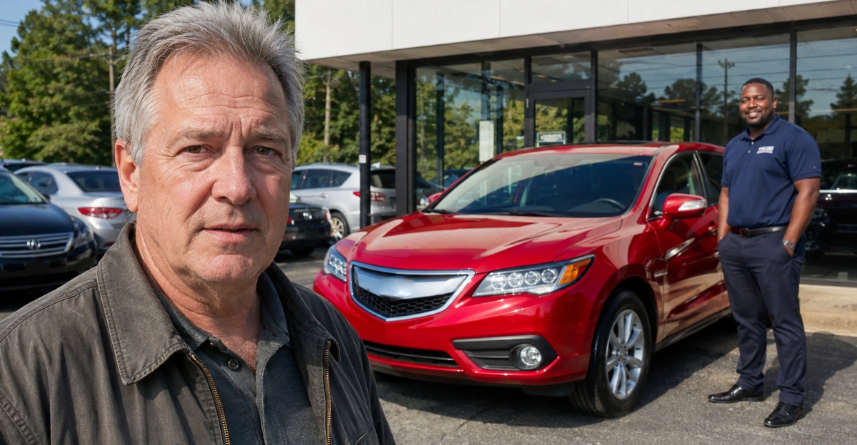 man at car dealership looking at camera