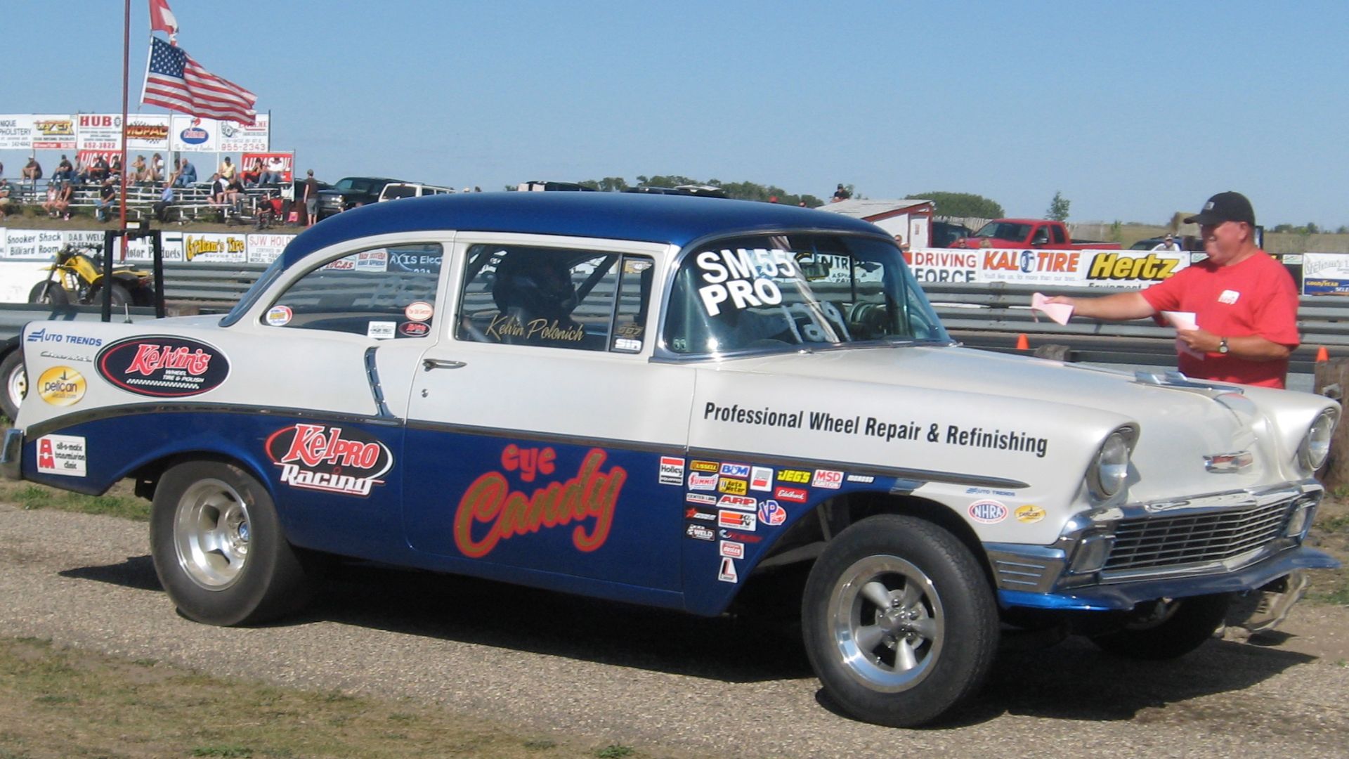 '56 Chevrolet 210 gasser getting a timeslip after a run at SIR, drag strip 13km from Saskatoon, SK, 23 Aug 08