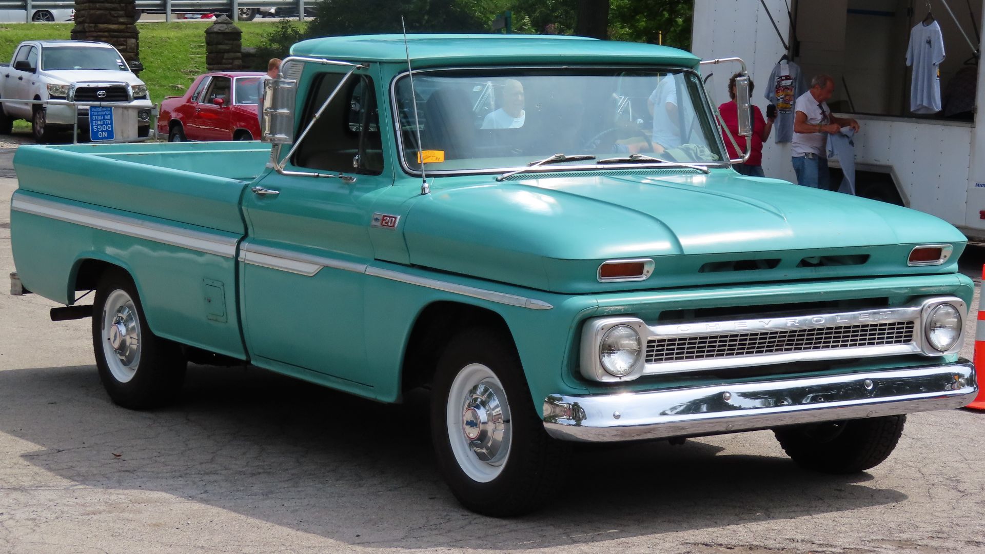 1965 Chevrolet C20 Fleetside with Custom interior photographed at the 2022 Back to the 50's Weekend car show in New Castle, Pennsylvania. Finished in Glenwood Green.
