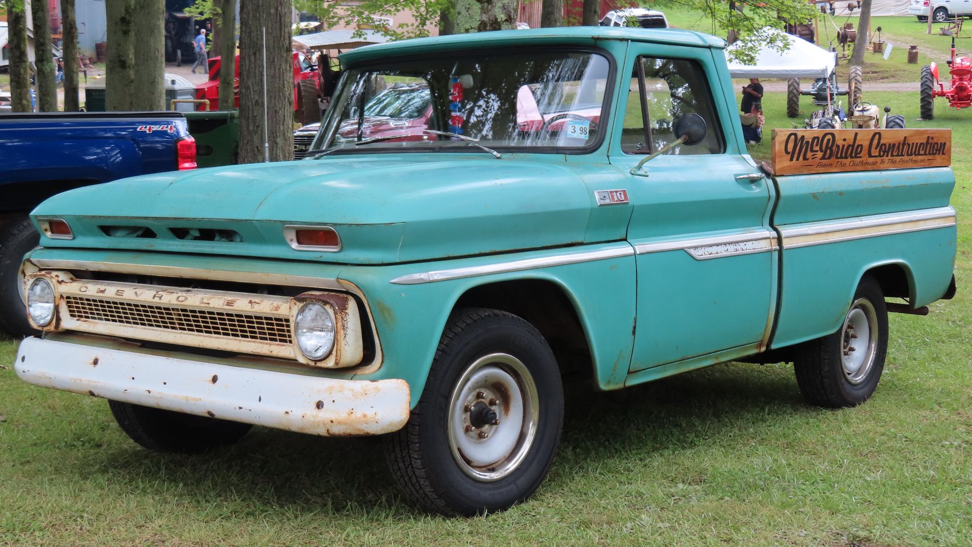 1966 Chevrolet C10 6.5' Fleetside photographed at the 2024 Portersville Summer Steam Show in Portersville, Pennsylvania. Finished in Light Green.